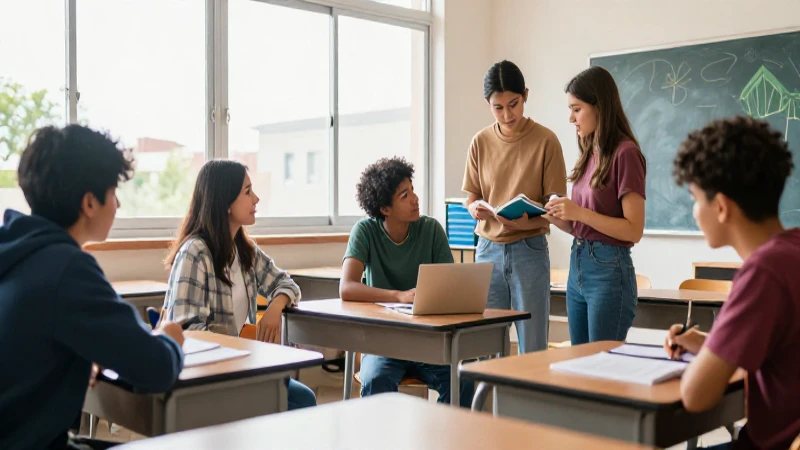 Adolescentes diversos colaboran en clase con luz brillante