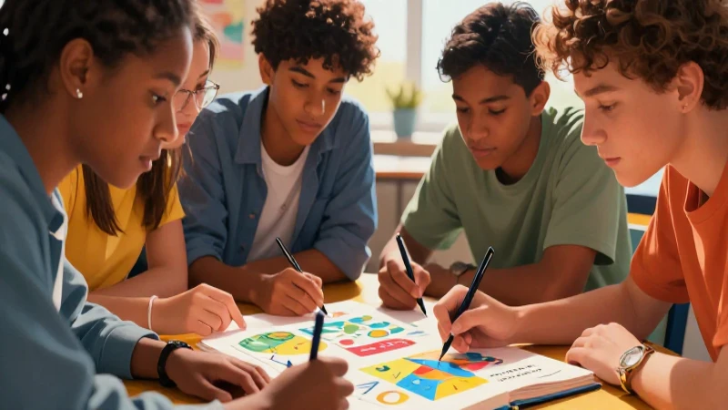 Ilustración vibrante muestra jóvenes estudiando juntos