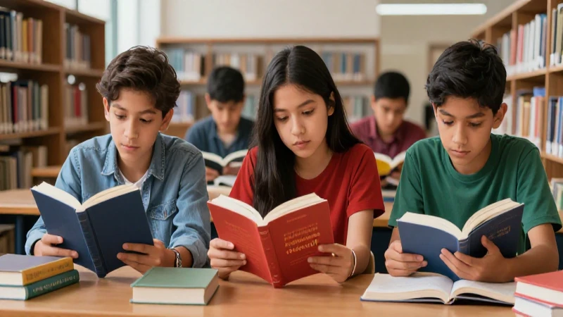 Estudiantes mexicanos leen juntos en la biblioteca