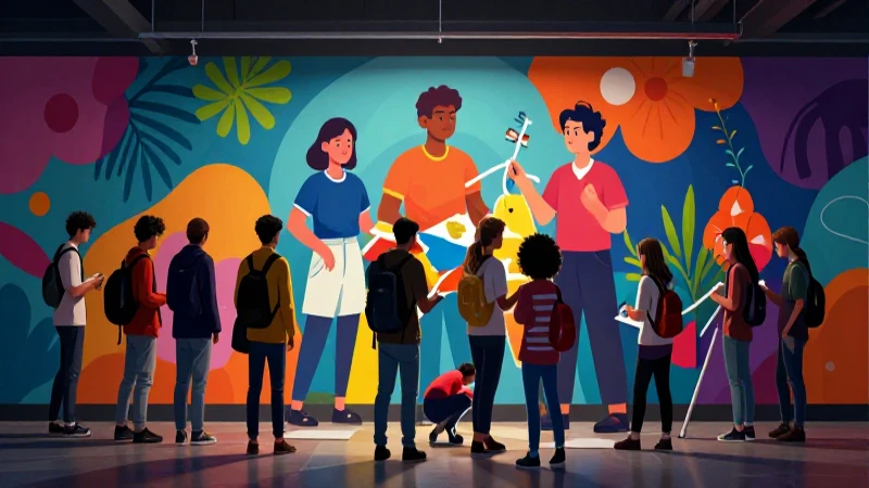 Adolescentes colaboran en mural educativo moderno