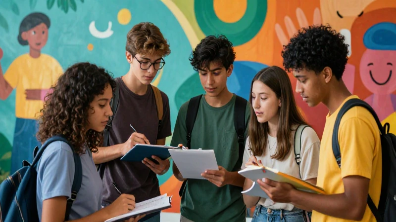 Jóvenes diversos estudian en mural colorido