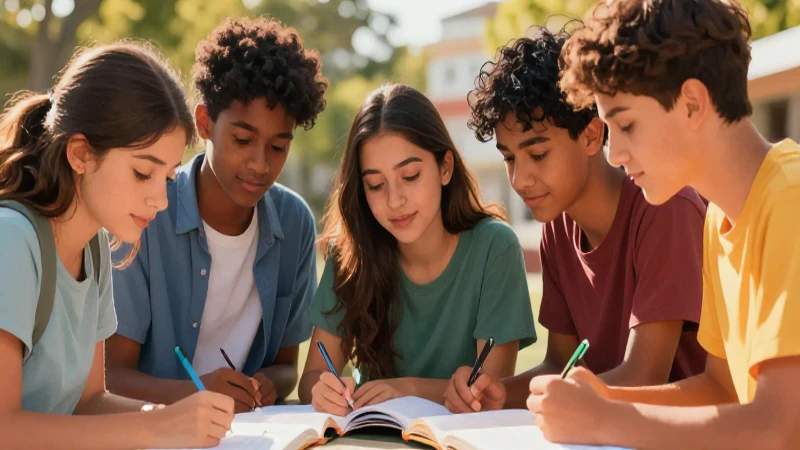 Adolescentes diversos estudian al aire libre con estilo