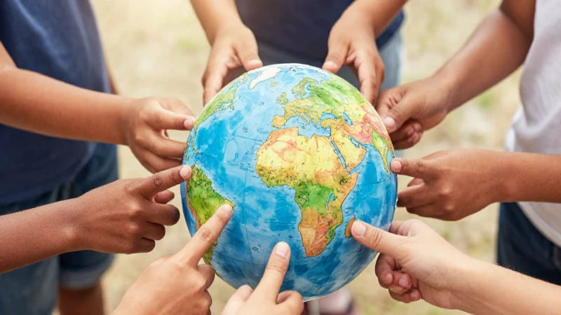 Manos colaborando globalmente en ilustración educativa