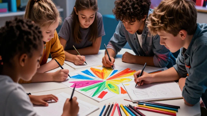 Niños colaboran en dibujo colorido y dinámico
