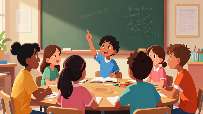 Niños diversos dialogan en aula vibrante