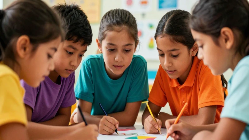 Niños colaboran en proyecto, estilo moderno y vibrante