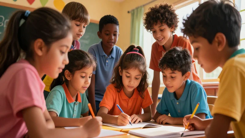Niños diversos aprenden juntos en ilustración vibrante