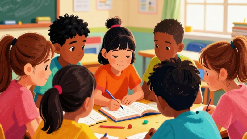 Niños diversos colaboran en aula colorida