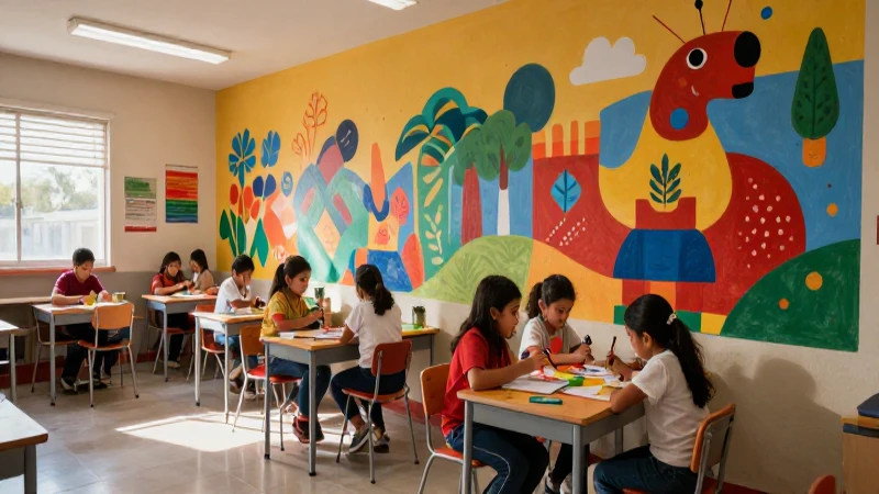Niños pintan murales coloridos en clase