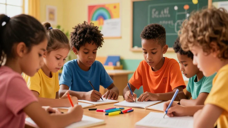 Niños diversos aprenden juntos en aula colorida