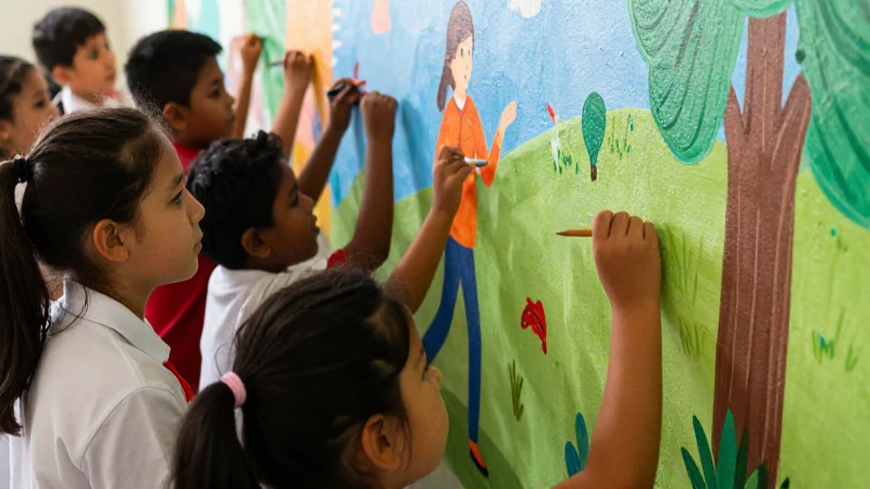 Niños colaboran en un vibrante mural colorido