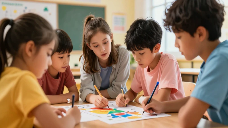 Niños entusiastas colaboran en un aula vibrante