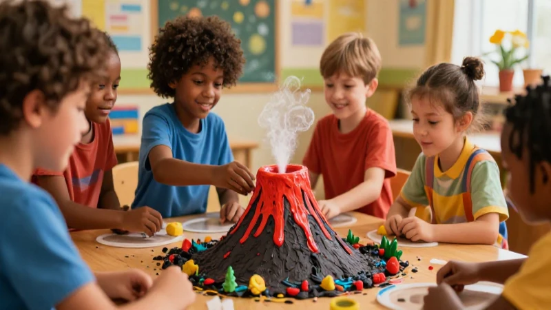Niños construyen un volcán en colores vivos