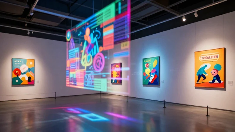 Galería futurista vibrante con proyecciones holográficas