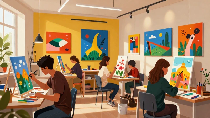 Estudio moderno con estudiantes pintando vívidamente