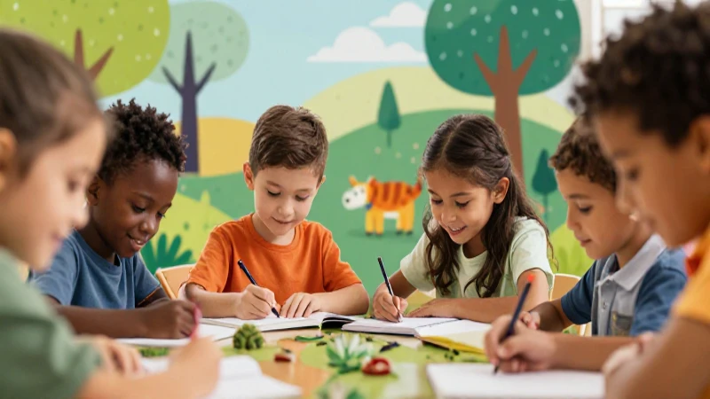 Ilustración educativa vibrante con niños y naturaleza