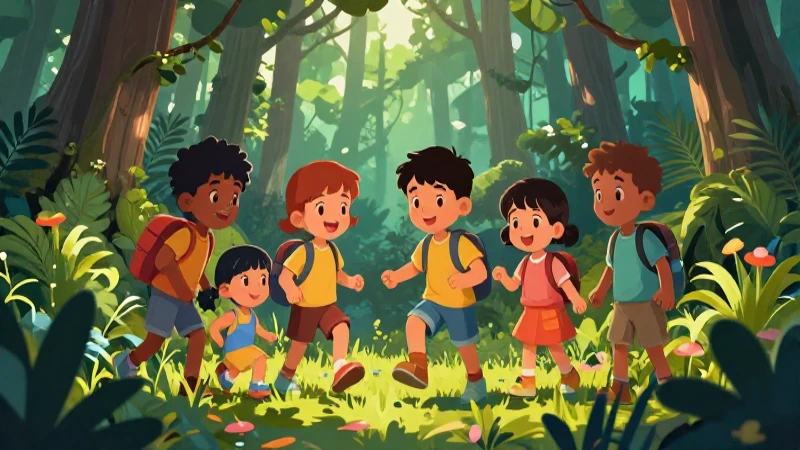Ilustración vibrante: niños aprenden en la naturaleza