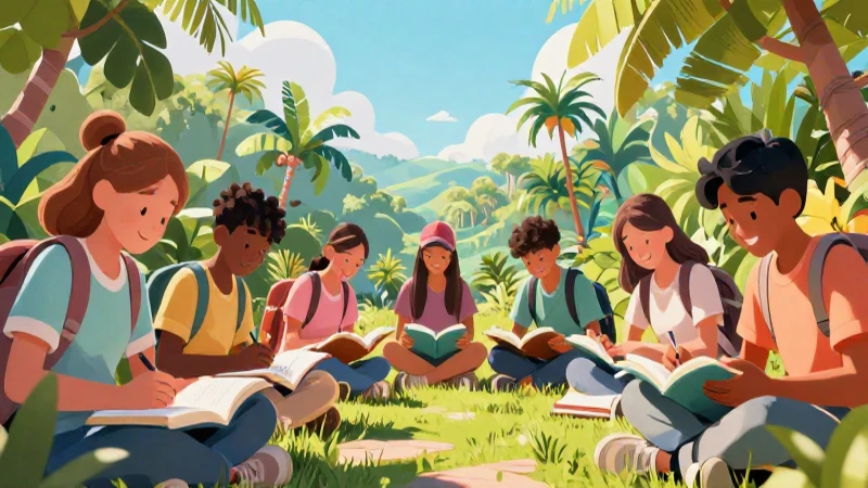 Ética, naturaleza y sociedades Primer grado de Telesecundaria (2025-2026) 48 Ilustración vibrante y moderna de jóvenes estudiando