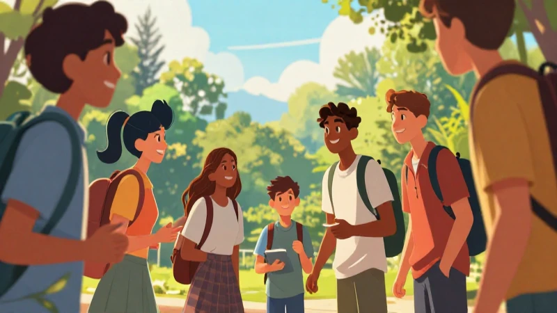 Ilustración vibrante muestra estudiantes colaborando al aire libre