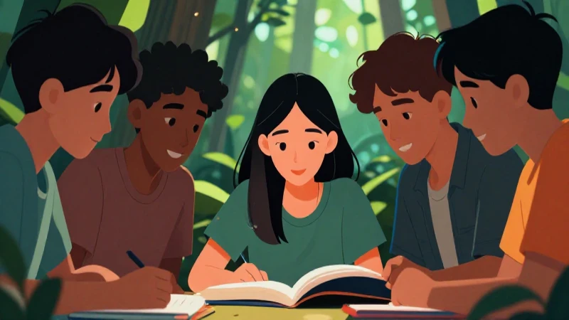 Adolescentes diversos estudian en bosque vibrante