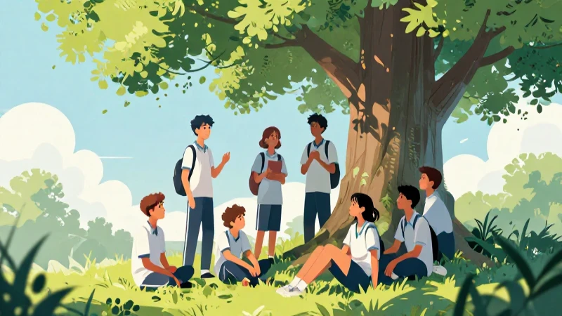 Estudiantes discuten naturaleza en ilustración vibrante