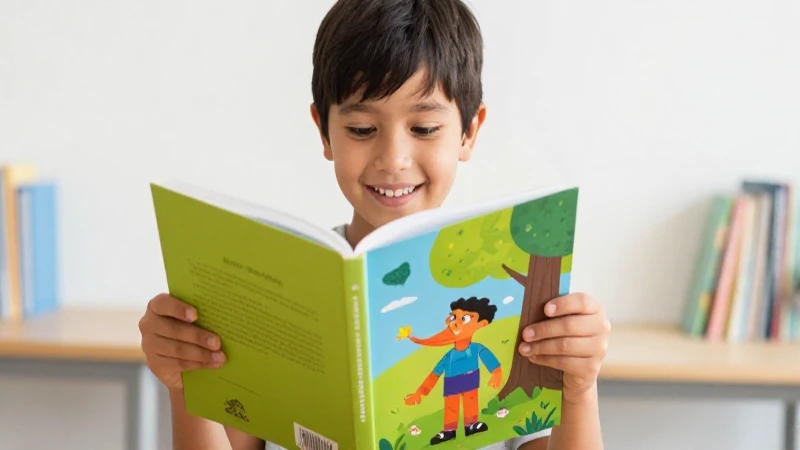Explorar e imaginar con mi libro de preescolar Primer grado (2025-2026) 20 Niño feliz lee con arte mexicano vibrante