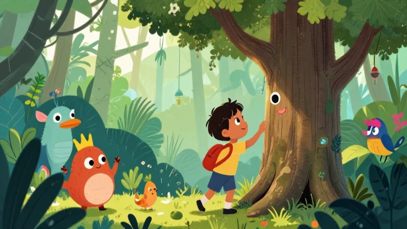 Ilustración vibrante y educativa de un niño explorando