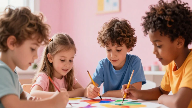 Niños pintan juntos, obra educativa vibrante