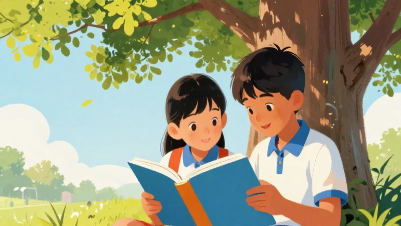 Niños leen bajo el árbol colorido