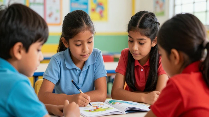 Niños mexicanos aprenden en ilustración vibrante