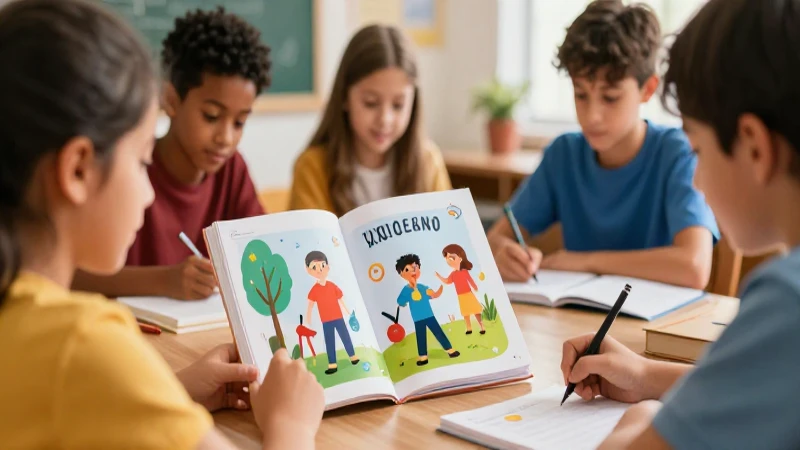 Estudiantes diversos estudian en aula colorida