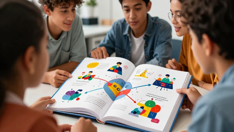 Estudiantes diversos aprenden juntos en una ilustración vibrante