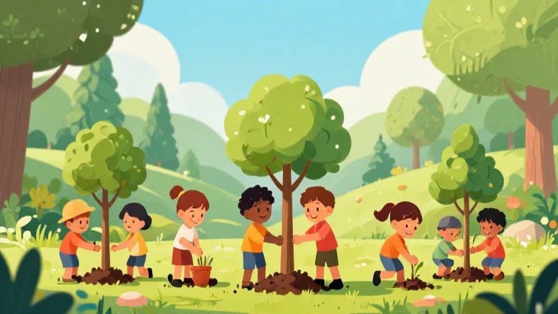 Niños plantan árboles en ilustración colorida y vibrante