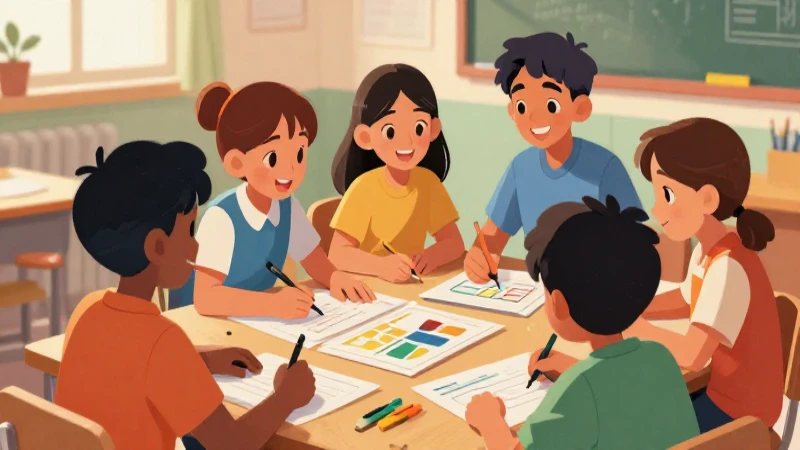Ilustración didáctica vibrante con estudiantes colaborando