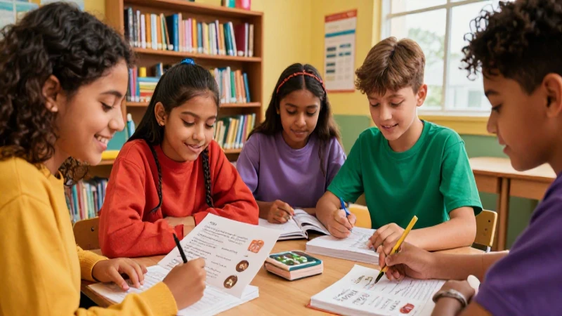 Estudiantes diversos aprenden vocabulario con libros coloridos
