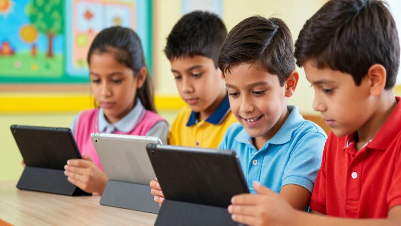 Niños exploran tabletas con arte educativo vibrante