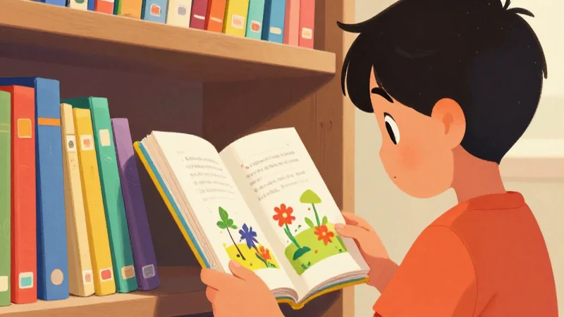 Niño lee un libro ilustrado y colorido