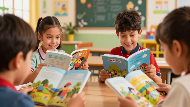 Niños emocionados leen libros en clase