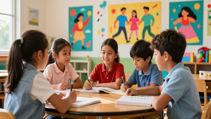 Aula escolar alegre y colaborativa, estilo moderno