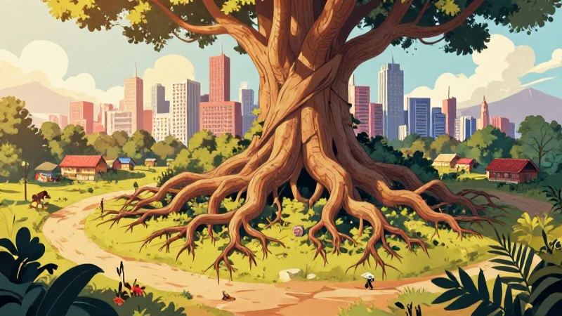 Ilustración académica: ciudad moderna con raíces vibrantes