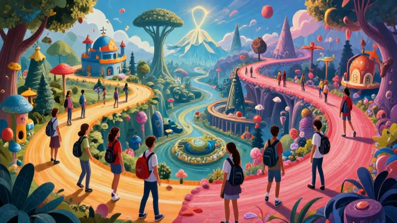 Ilustración vibrante y académica de mundos fantásticos