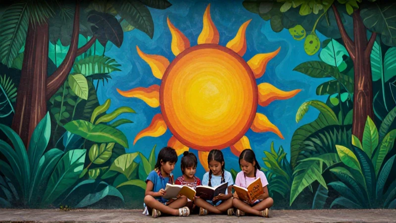 Niños indígenas leen bajo un sol vibrante