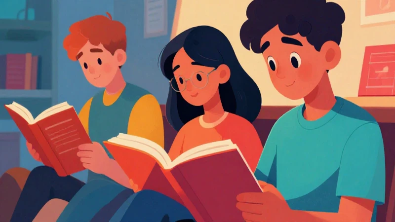 Adolescentes leen libros diversos con arte vibrante