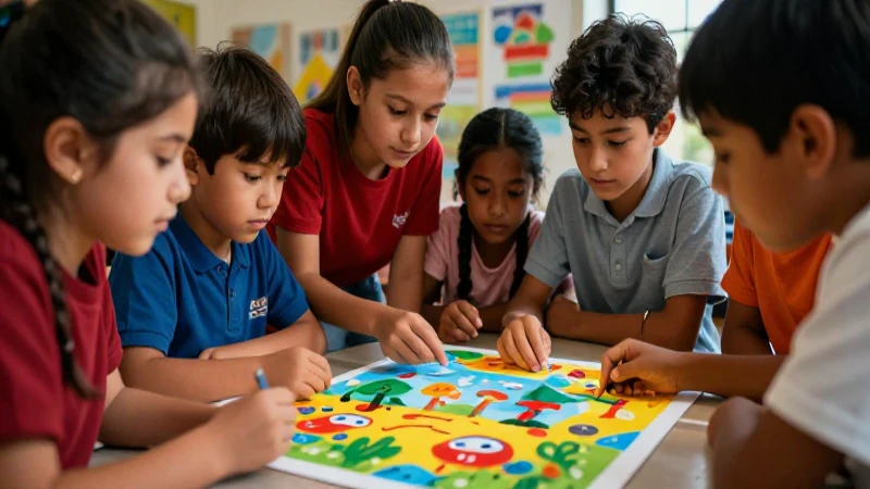 Niños colaboran en un proyecto colorido y vibrante