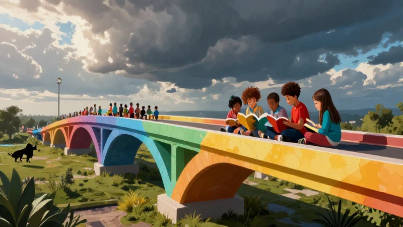 Puente colorido con niños leyendo juntos