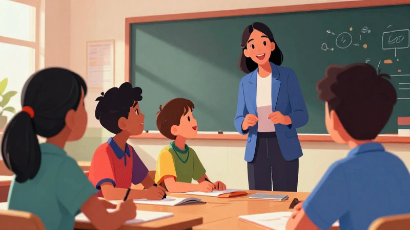 Estudiantes felices en aula con el profesor