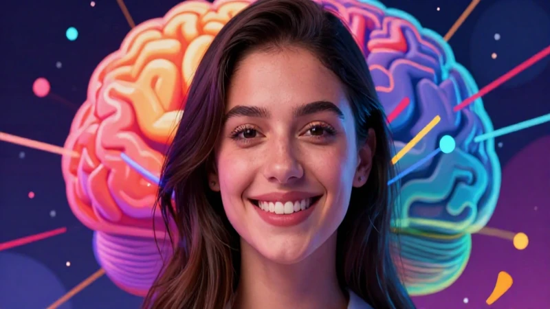 Mujer sonriente con cerebro abstracto colorido