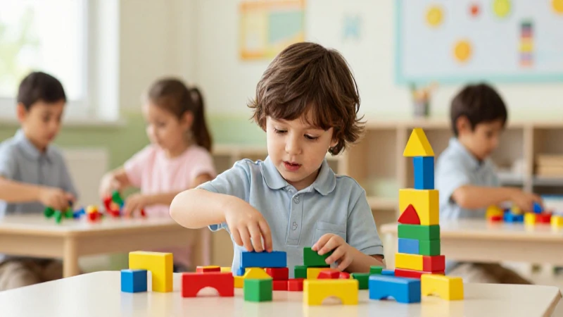 Niño juega alegre en aula colorida