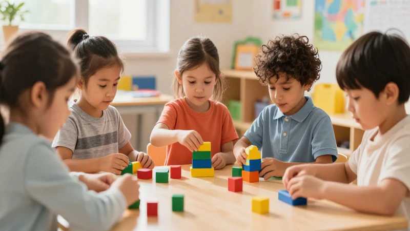 Niños juegan con bloques en aula brillante