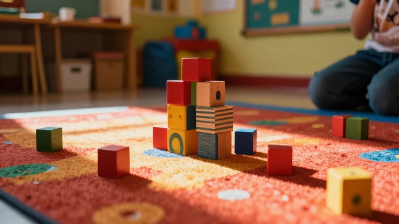 Aula mexicana colorida con bloques y sombras suaves